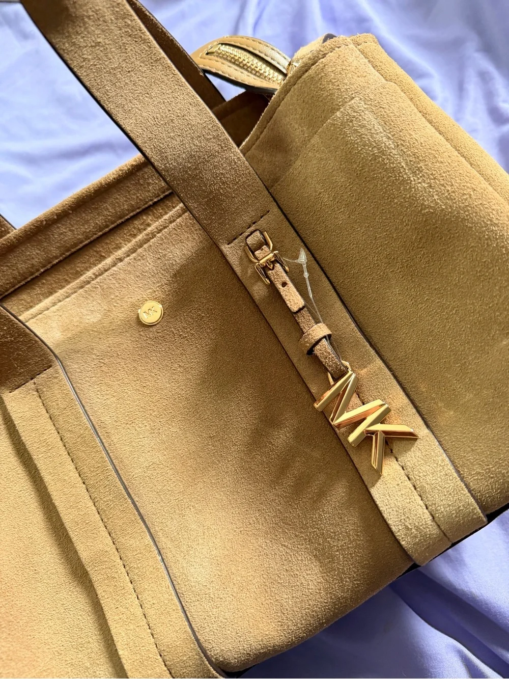 Michael Kors Camel Suede Satchel with Gold MK Charm